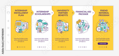 Internship programs financing options onboarding vector template. Responsive mobile website with icons. Web page walkthrough 5 step screens. Scholarships color concept with linear illustrations
