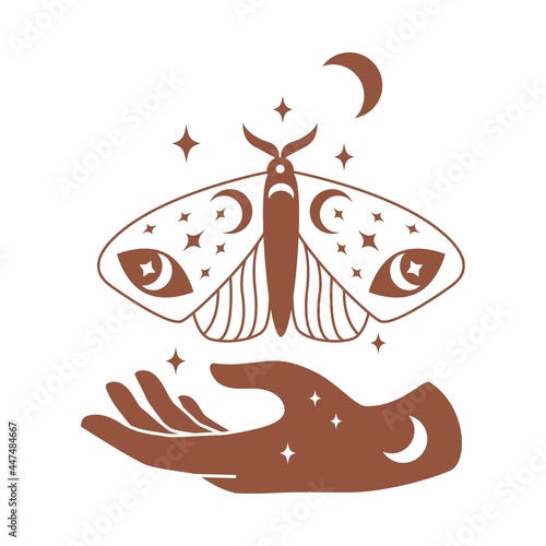 Magical moth silhouette with hand, moon, star in minimal boho style isolated on white background. Celestial vector flat illustration. Mystical design for tattoo, card, web stories