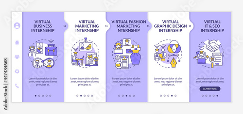 Top virtual internship areas onboarding vector template. Responsive mobile website with icons. Web page walkthrough 5 step screens. Remote business learning color concept with linear illustrations