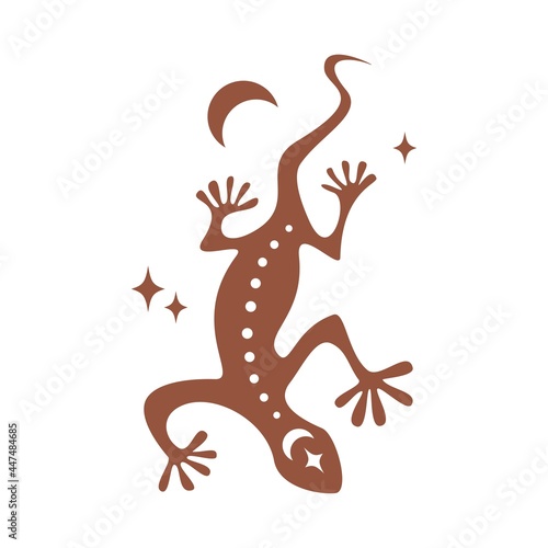 Magical lizard silhouette with moon, star in minimal boho style isolated on white background. Celestial vector flat illustration. Mystical design for tattoo, card, web stories