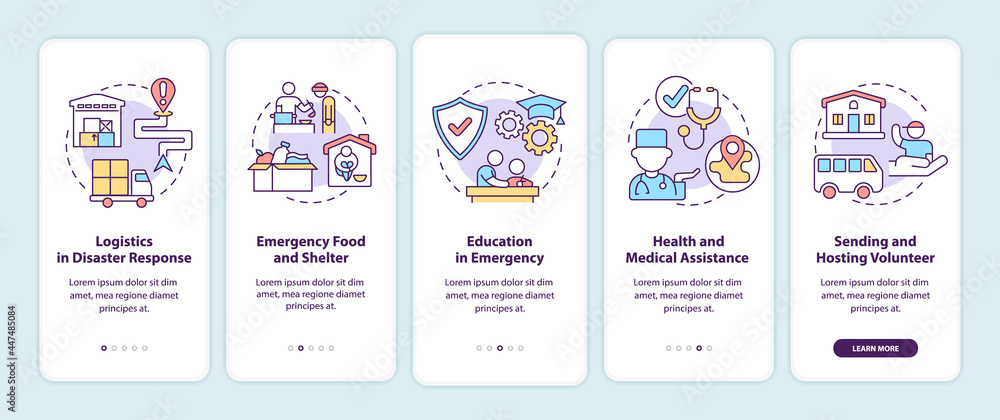 Types of humanitarian aid onboarding mobile app page screen. Medical assistance walkthrough 5 steps graphic instructions with concepts. UI, UX, GUI vector template with linear color illustrations