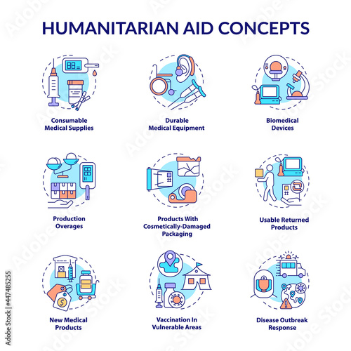 Humanitarian aid production concept icons set. Vulnerable areas vaccination and consumble medical supplies idea thin line color illustrations. Vector isolated outline drawings. Editable stroke
