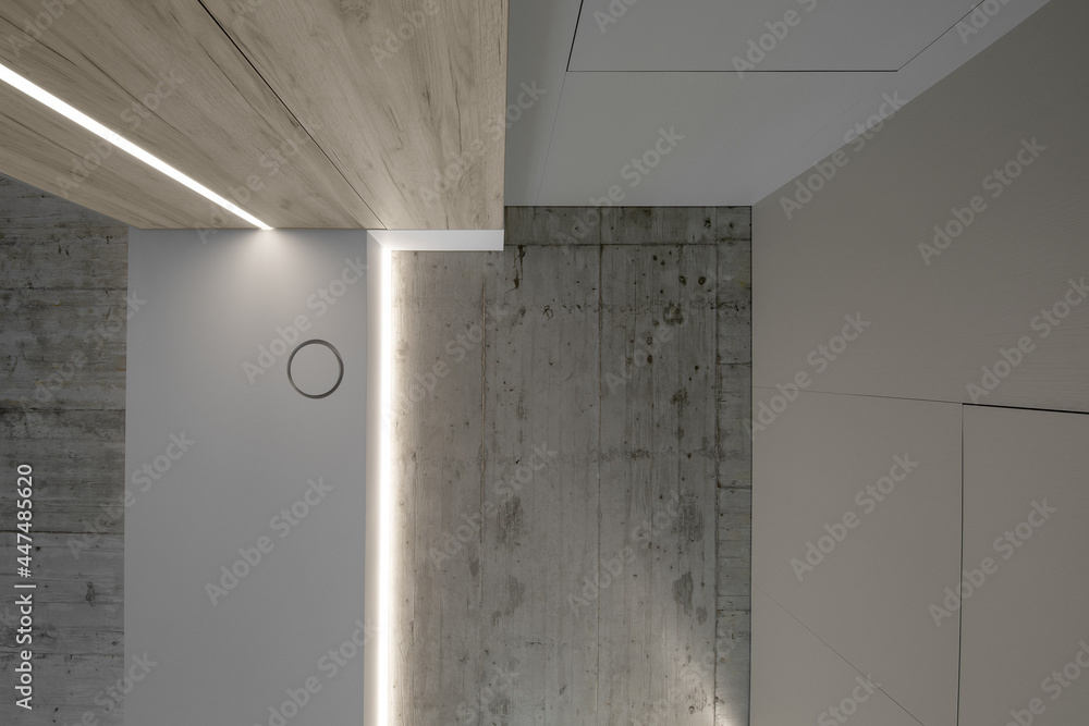 Room corner, three different textures: grey wall, natural wood wall  texture, cement grey ceiling and led lights Photos | Adobe Stock