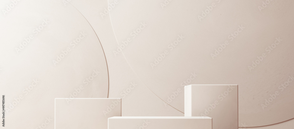 Abstract minimal interior for cosmetic object placement, product display background with geometric simple shapes, 3d rendering beige color scene - obrazy, fototapety, plakaty 