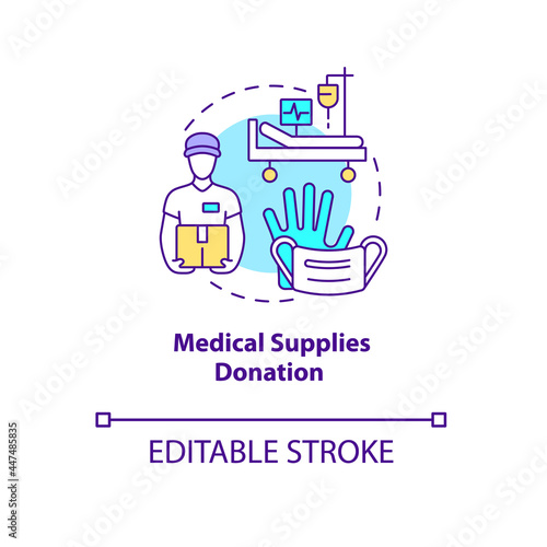 Medical supplies donation concept icon. Humanitarian aid offer to charitable hospitals and medical clinics abstract idea thin line illustration. Vector isolated outline color drawing. Editable stroke