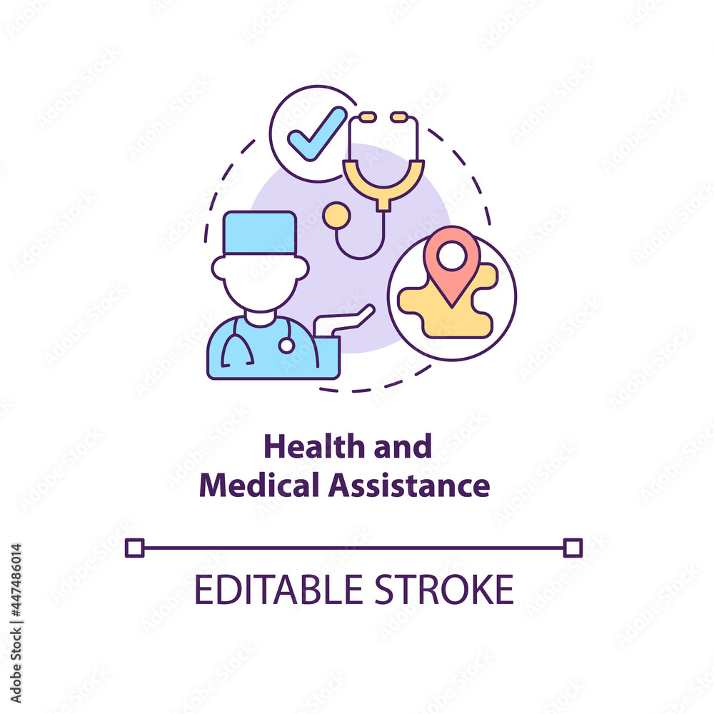 Health and medical assistance concept icon. Humanitarian aid program for eligible individuals care abstract idea thin line illustration. Vector isolated outline color drawing. Editable stroke Health and medical assistance concept icon. Humanitarian aid program for eligible individuals care abstract idea thin line illustration. Vector isolated outline color drawing. Editable stroke