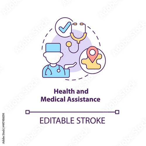 Health and medical assistance concept icon. Humanitarian aid program for eligible individuals care abstract idea thin line illustration. Vector isolated outline color drawing. Editable stroke