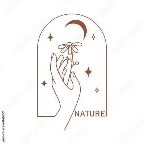 Magical line hand with moon, star, leaves, flower in minimal boho style isolated on white background. Celestial vector flat illustration. Mystical design for tattoo, card, web stories