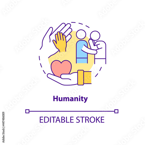 Humanity against people suffering concept icon. Humanitarian aid main support principles abstract idea thin line illustration. Vector isolated outline color drawing. Editable stroke