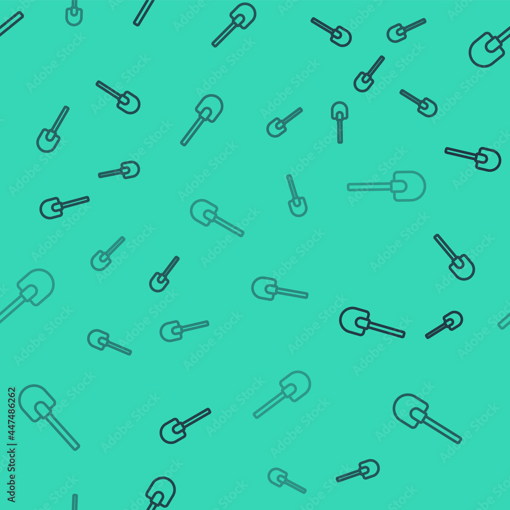 Black line Shovel icon isolated seamless pattern on green background. Gardening tool. Tool for horticulture, agriculture, farming. Vector Black line Shovel icon isolated seamless pattern on green background. Gardening tool. Tool for horticulture, agriculture, farming. Vector