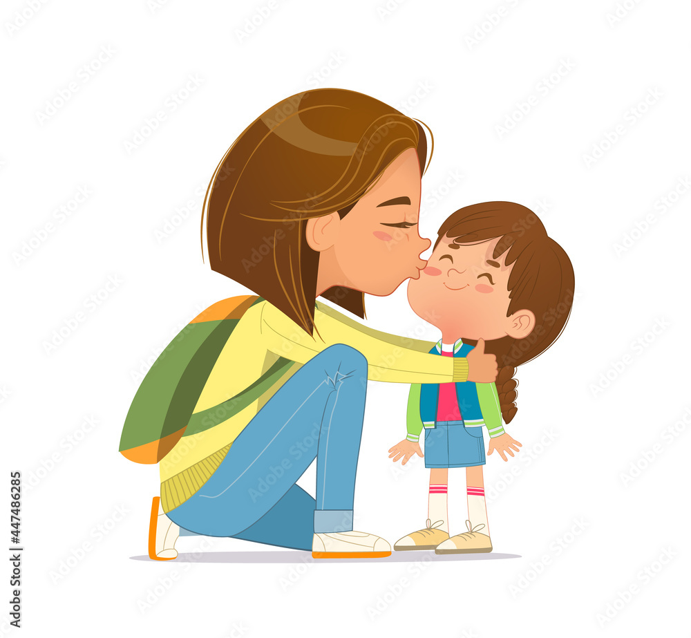 Caring young mother embracing kissing cute little daughter feeling love and tenderness vector flat Caring young mother embracing kissing cute little daughter feeling love and tenderness vector flat