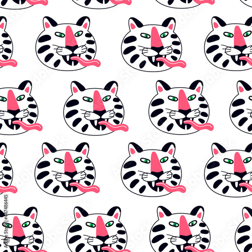 Funny cruel white tiger muzzle with tongue childish seamless pattern vector flat illustration