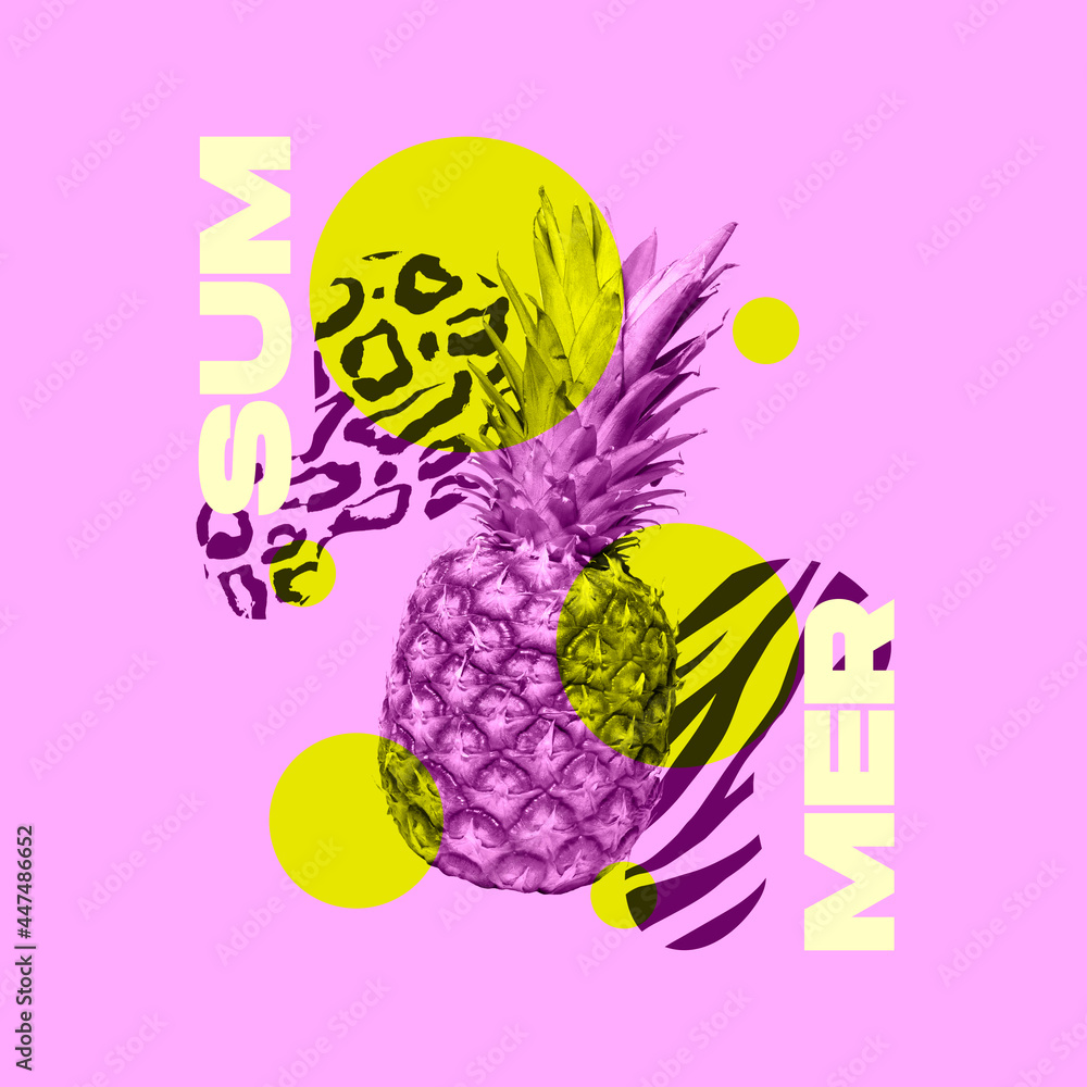 Contemporary art collage, modern design. Party summer mood. Composition with purple pineapple isolated on abstract background. - obrazy, fototapety, plakaty 