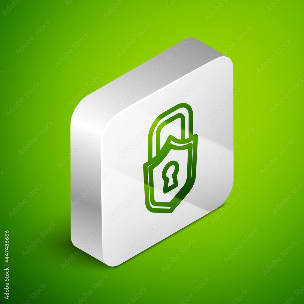 Isometric line Lock icon isolated on green background. Padlock sign. Security, safety, protection, privacy concept. Silver square button. Vector Isometric line Lock icon isolated on green background. Padlock sign. Security, safety, protection, privacy concept. Silver square button. Vector