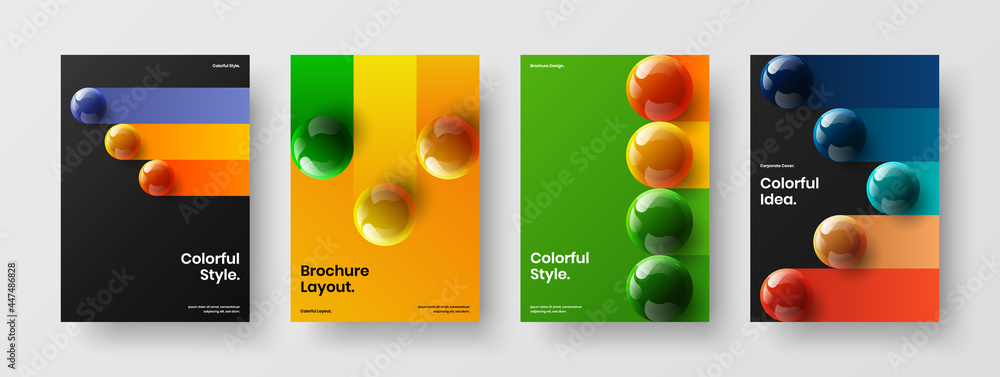 Geometric 3D balls corporate brochure illustration set. Abstract front page design vector concept composition.