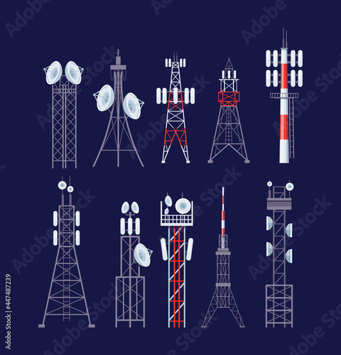Set radio towers. Modern communication technology construction with antenna broadcast satellite