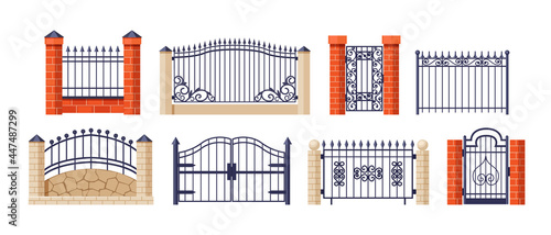 Set of gates, fence outdoor exterior entrance. Architectural ornament decoration railing wall from forged metal structures.