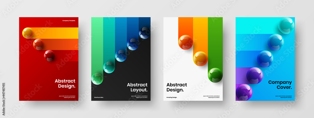 Modern annual report A4 vector design concept set. Amazing realistic balls book cover illustration collection.