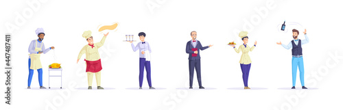 Restaurant personnel in uniform set. Public catering service staff chef cooking meals, waiters, bartender, head waiter.