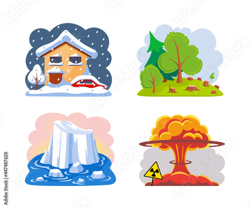 Natural disasters snowfall, deforestation, melting glaciers, nuclear explosion. Nuclear explosion causes toxic pollution, snowy winter, melting iceberg, felled forest with stumps
