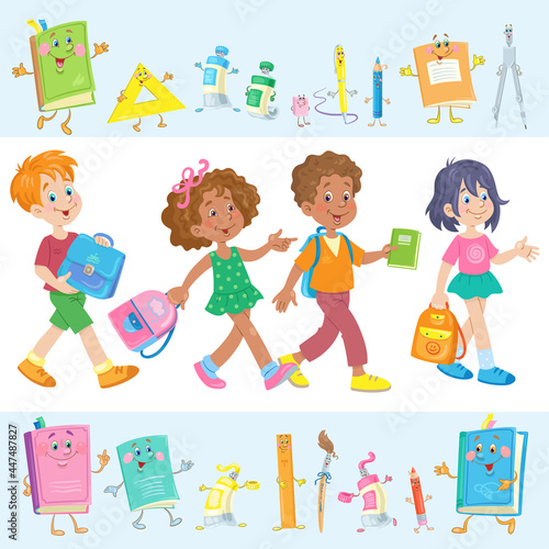 Happy children of different nationalities are preparing for school. There are funny school supplies around them. In cartoon style. Isolated on white background. Vector illustration