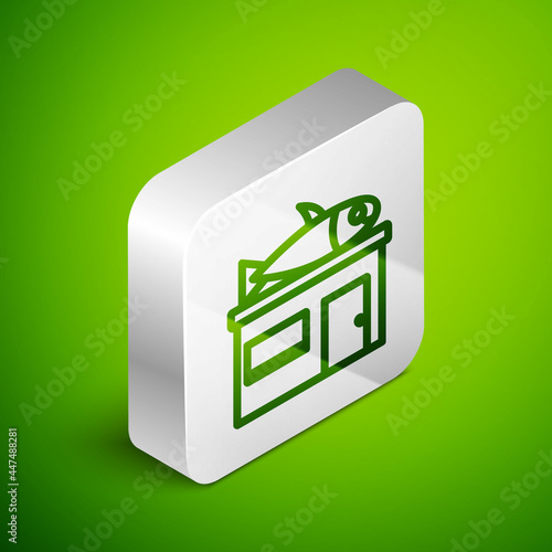 Isometric line Seafood store icon isolated on green background. Facade of seafood market. Silver square button. Vector.