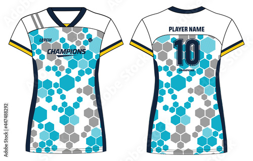 Women Sports Jersey t-shirt design with hexagon geometric pattern concept Illustration suitable for girls and Ladies for Volleyball jersey, Football, Soccer and netball, Sport uniform kit for sports