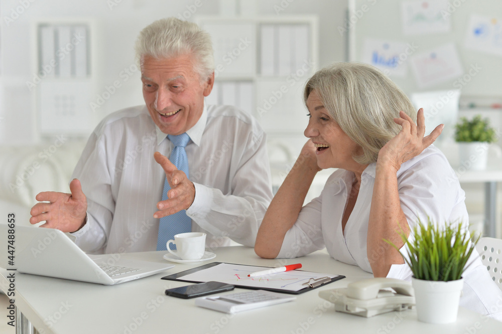 senior couple working together in office senior couple working together in office