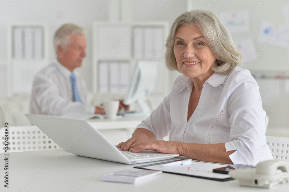 Obraz premium senior woman working in office with laptop