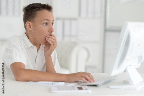 portrait of a young boy sitting at the table and looking at computer
