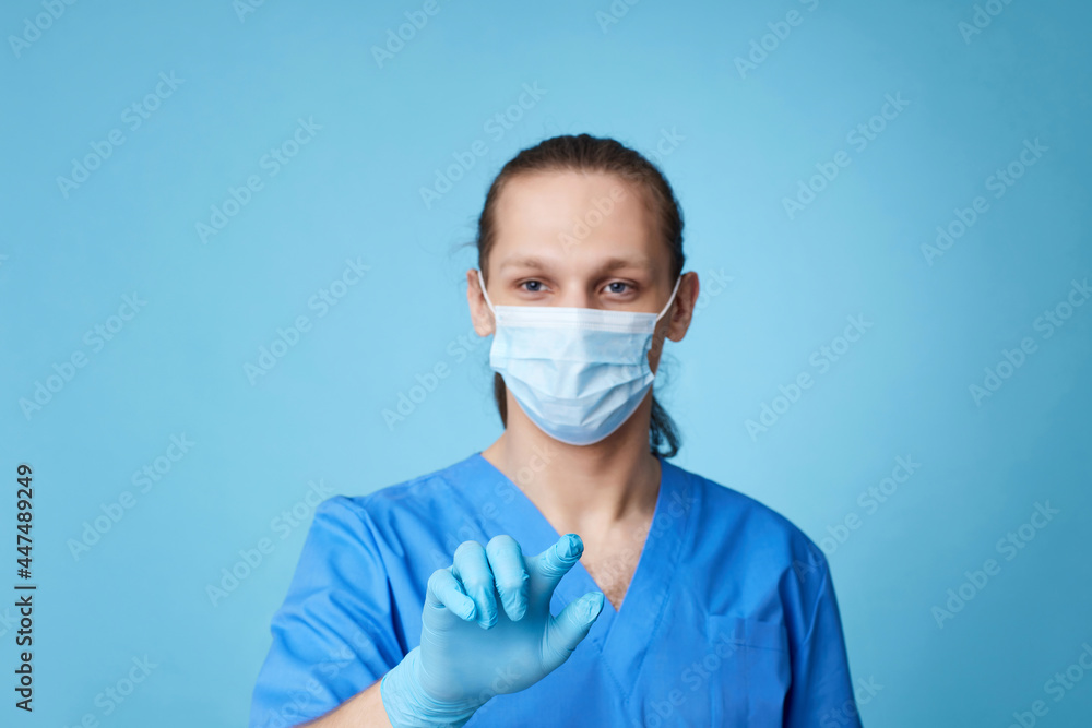 man doctor in uniform touching virtual screen man doctor in uniform touching virtual screen