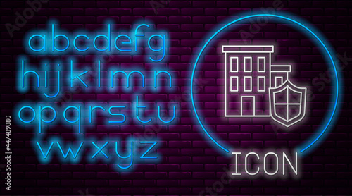Glowing neon line House with shield icon isolated on brick wall background. Insurance concept. Security, safety, protection, protect concept. Neon light alphabet. Vector.