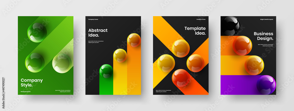 Geometric presentation vector design template collection. Bright realistic spheres postcard illustration composition.