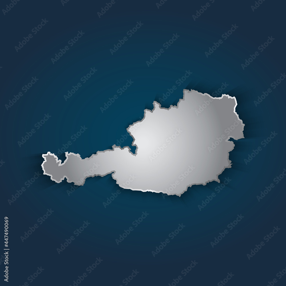 Austria map 3D metallic silver with chrome, shine gradient on dark blue background. Vector illustration EPS10.