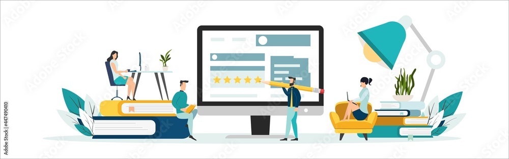 Characters with different devices sitting near computer, filling survey form, giving positive five star feedback and writing comments. User experiences concept. Vector Illustration. Characters with different devices sitting near computer, filling survey form, giving positive five star feedback and writing comments. User experiences concept. Vector Illustration.