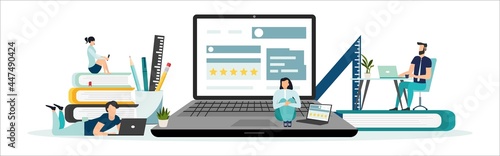 Characters with different devices sitting near computer, filling survey form, giving positive five star feedback and writing comments. User experiences concept. Vector Illustration.