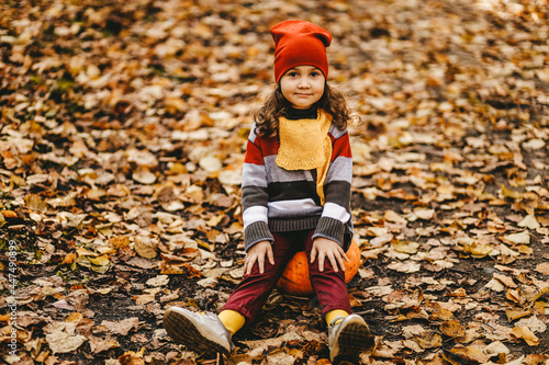 A little girl is a child in a bright hat and warm clothes, sitting alone on a pumpkin in an autumn park, walking through yellow foliage in an fall forest in nature on vacation, a selective focus