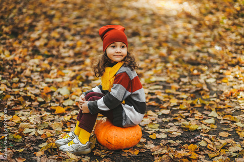 A little girl is a child in a bright hat and warm clothes  sitting alone on a pumpkin in an autumn park  walking through yellow foliage in an fall forest in nature on vacation  a selective focus