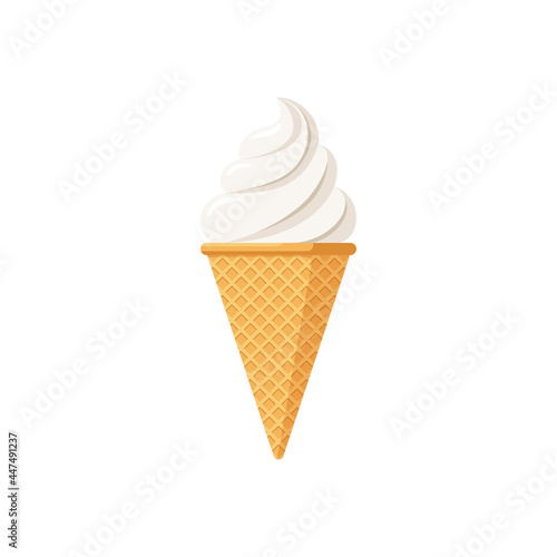 Delicious white ice cream in waffle cone. Vanilla taste isolated twisted ice-cream on white background. Cute flat style product design vector eps illustration