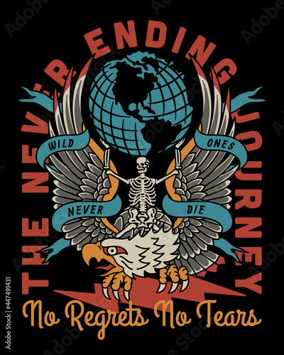 Skeleton On Eagle with Wild Ones Never Die Slogan Old School Traditional Tattoo Style Artwork on Black Background for Apparel and Other Uses