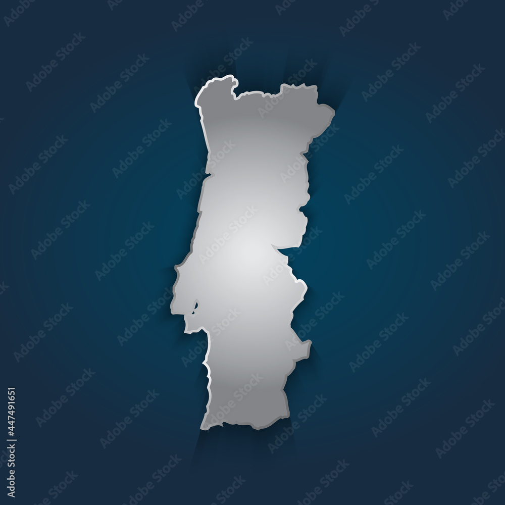 Portugal map 3D metallic silver with chrome, shine gradient on dark blue background. Vector illustration EPS10.