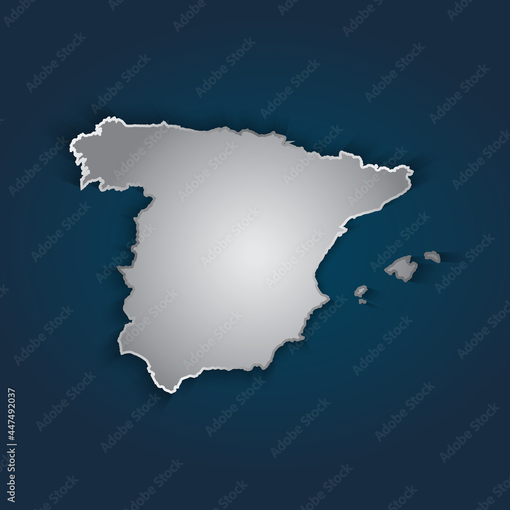 Spain map 3D metallic silver with chrome, shine gradient on dark blue background. Vector illustration EPS10.