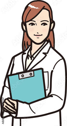 クリップッボードを持つ白衣の女性