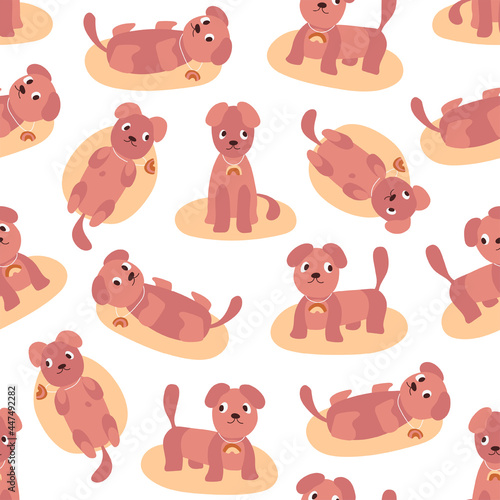 Seamless vector animal pattern with pink dogs and yellowish rugs isolated on a white background.