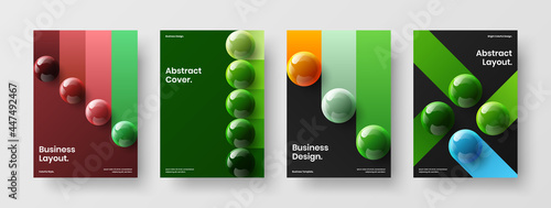 Abstract realistic spheres catalog cover layout bundle. Multicolored poster A4 design vector template set.