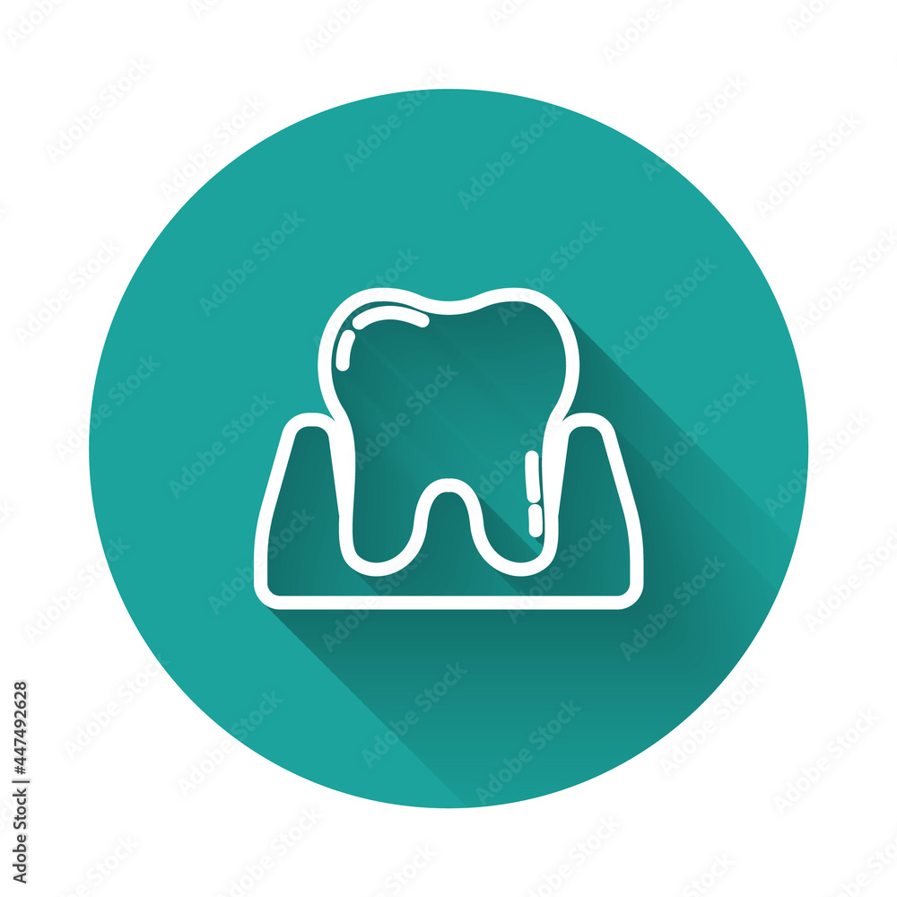 White line Tooth icon isolated with long shadow. Tooth symbol for dentistry clinic or dentist medical center and toothpaste package. Green circle button. Vector White line Tooth icon isolated with long shadow. Tooth symbol for dentistry clinic or dentist medical center and toothpaste package. Green circle button. Vector
