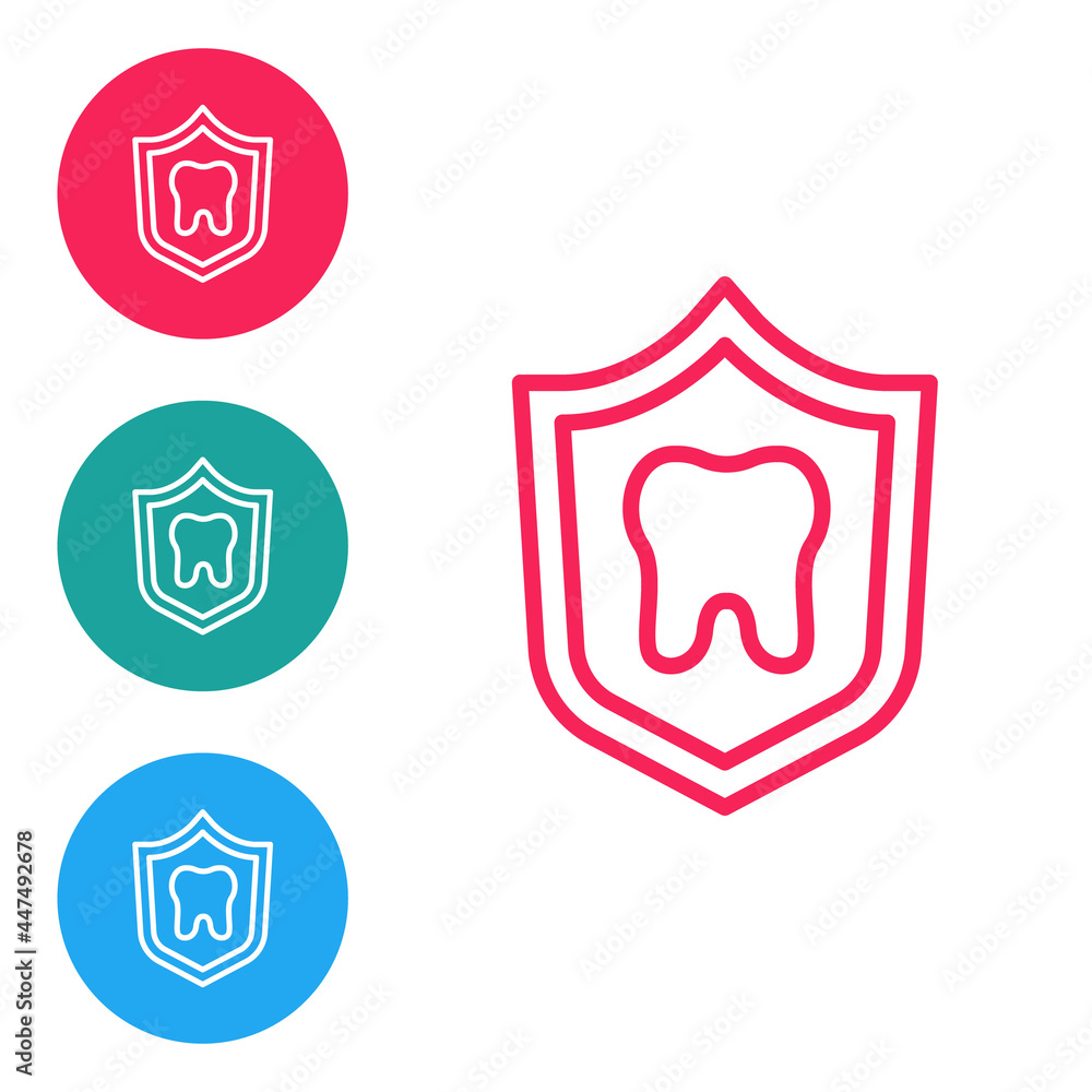 Red line Dental protection icon isolated on white background. Tooth on shield logo. Set icons in circle buttons. Vector Red line Dental protection icon isolated on white background. Tooth on shield logo. Set icons in circle buttons. Vector