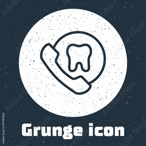 Grunge line Online dental care icon isolated on grey background. Dental service information call center. Monochrome vintage drawing. Vector
