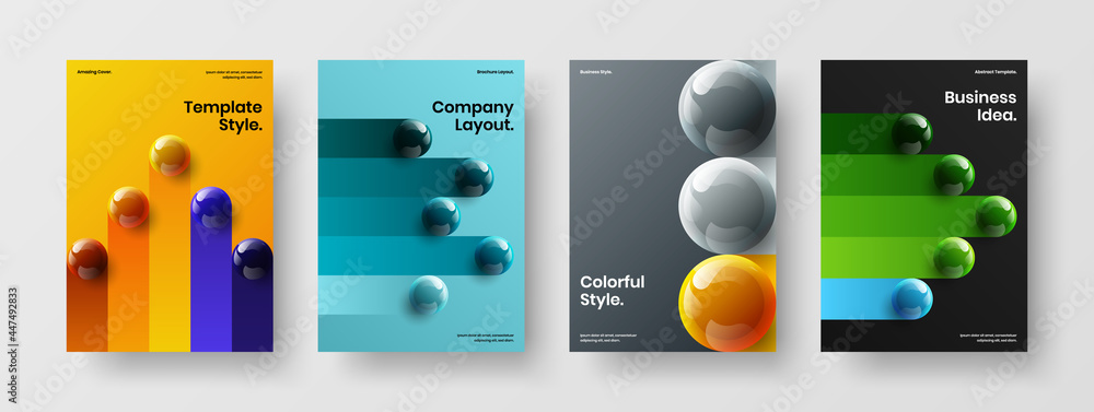 Trendy journal cover vector design layout set. Unique realistic spheres brochure template composition.