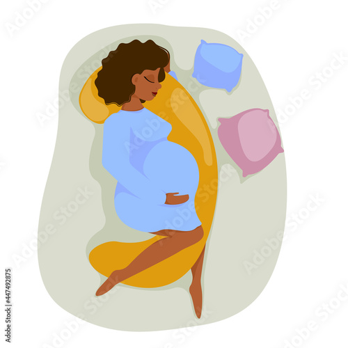 Pregnant woman with big belly sleeping on pregnancy pillow. Future mother healthy sleep concept. Flat design. Vector illustration.